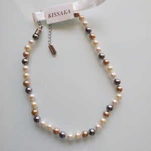 KISSAKA Shimmering Tri Color Simulated Pearl Strand Necklace  NEW